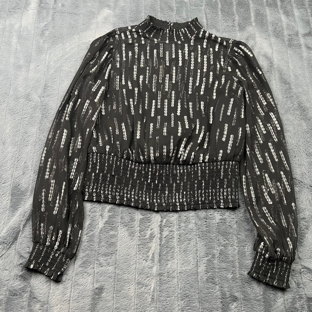 Express Womens Black Silver Metallic Mock Neck Smocked Waist Blouse Top Size M